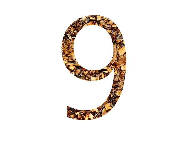 Numer Alfabetu Wykonanego Brązowego Rozdrabniacza Drewna Izolowanego Białym Tle — Zdjęcie stockowe