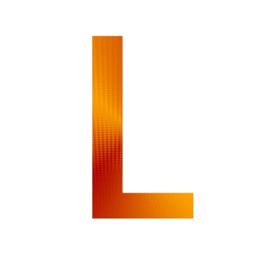 Alfabenin L harfi turuncu ve sarı arkaplanlı, beyaz arkaplanda izole edilmiş.