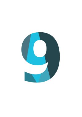 Koyu mavi ve açık mavi uçakla yapılan alfabenin 9. sayısı, beyaz arka planda izole edilmiş.