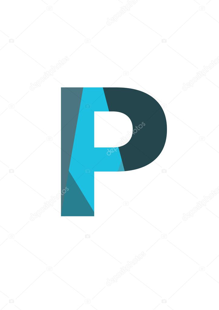 Letter P of the alphabet made with dark and light blue plane figure, isolated on a white background