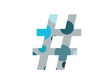 Birkaç mavi nokta ve gri arkaplan ile yapılan alfabenin hashtag 'i, beyaz arkaplanda izole edilmiş