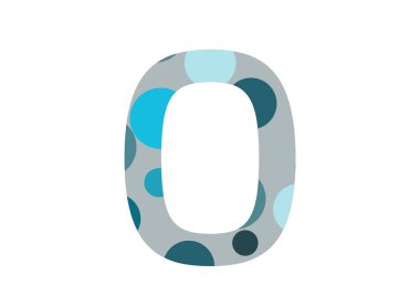 Alfabenin O harfi. Birkaç mavi nokta ve gri arkaplan ile beyaz arkaplanda izole edilmiş.