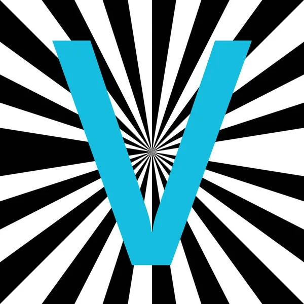 字母V 由中心发出浅蓝色及白色和黑色的辐射 太阳光 — 图库照片