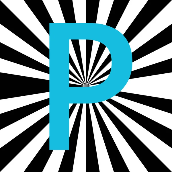 字母P 由中心发出浅蓝色及白色和黑色的辐射 太阳光 — 图库照片