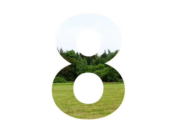 Numer Alfabetu Krajobrazem Trawą Lasem Błękitnym Niebem Odizolowany Białym Tle — Zdjęcie stockowe