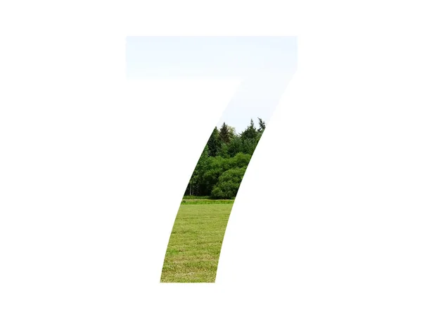 Numéro Alphabet Fait Paysage Avec Herbe Forêt Ciel Bleu Isolé — Photo