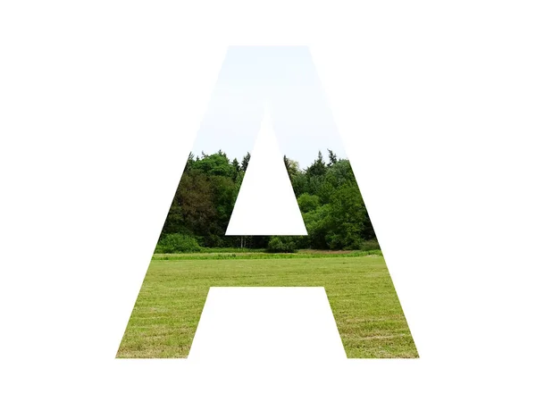 Буква Алфавита Выполнена Пейзажем Травой Лесом Голубым Небом Изолированным Белом — стоковое фото