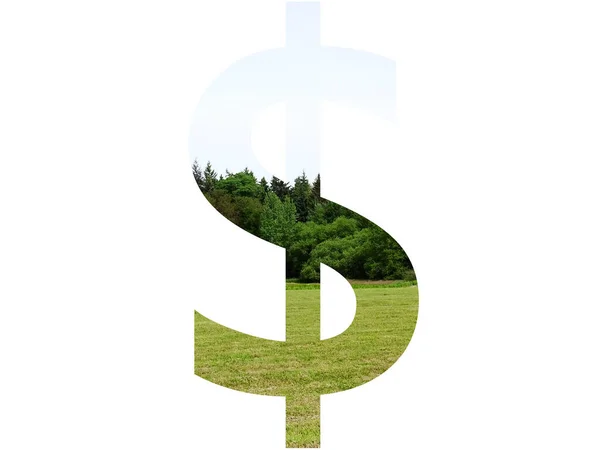 Dolarový Znak Abecedy Vytvořené Krajinou Trávou Lesem Modrou Oblohou Izolované — Stock fotografie