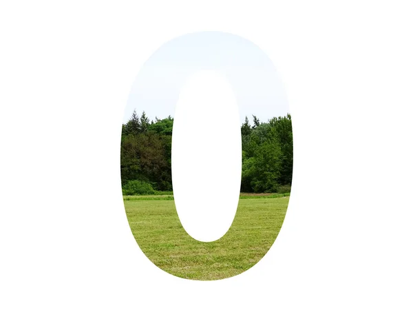 编号为0的字母表 由草地 森林和蓝天构成 以白色背景隔开 — 图库照片