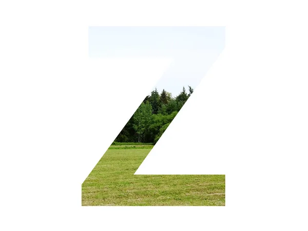 字母Z字母表中的字母Z 由草地 森林和蓝天构成 以白色背景隔开 — 图库照片