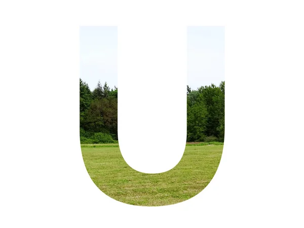 Буква Алфавита Выполнена Пейзажем Травой Лесом Голубым Небом Изолированным Белом — стоковое фото