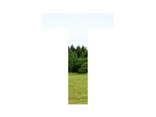 Písmeno Abecedy Vytvořené Krajinou Trávou Lesem Modrou Oblohou Izolované Bílém — Stock fotografie