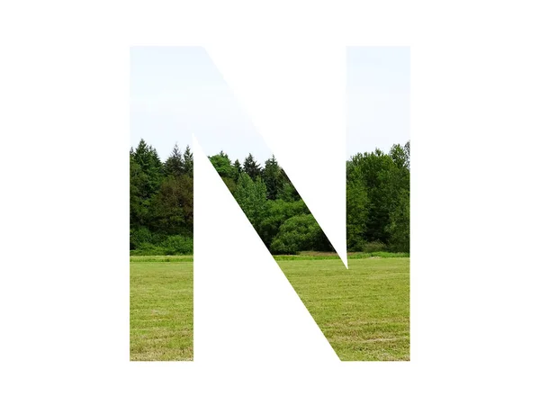 字母N字母表中的字母N 由草地 森林和蓝天构成 以白色背景隔开 — 图库照片
