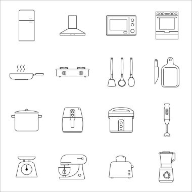 Aşçılık projeleri, bilgi grafikleri ve tasarım için ideal, ortak mutfak aletleri ve ekipmanlarının 16 satırlık sanat çizimlerinin yer aldığı minimalist mutfak aleti simgeleri seti.