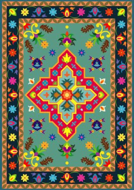 Halı ya da kumaş dokusunu andıran karmaşık geometrik desenler, canlı renkler, dekoratif desenler ve simetrik motifler var.