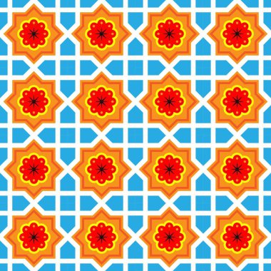 Canlı çiçek motifleri ve simetrik tasarımı olan kusursuz geometrik desen, fayanslar ve dekoratif arka planlar için mükemmel.