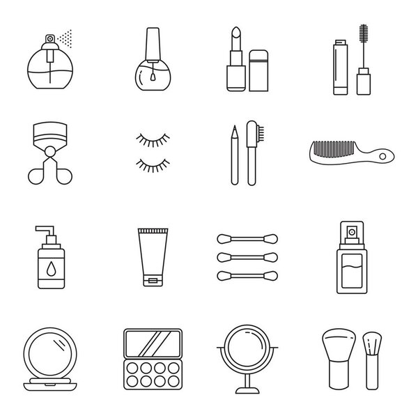 Minimalist line art vector illustration of beauty and cosmetic icons, including makeup, skincare, and grooming essentials in a simple outline style