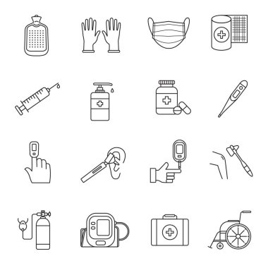 Maske, şırınga, termometre ve ilk yardım gereksinimleri de dahil olmak üzere tıbbi ekipman ve sağlık ikonlarının minimalist çizgi çizgisi çizimi
