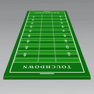 Spor grafikleri ve atletik tasarım projeleri için ideal Amerikan futbol sahasının 3 boyutlu dikey görünümü.