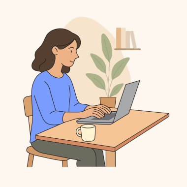 Evde dizüstü bilgisayarda çalışan, arka planda kahve fincanı, bitki ve kitap rafı olan bir kadının vektör çizimi..