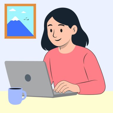 Masasında kahve fincanı ve arka planda çerçeveli bir dağ resmiyle dizüstü bilgisayarda çalışan bir kadının vektör çizimi. Düz, minimal tasarım biçimi.