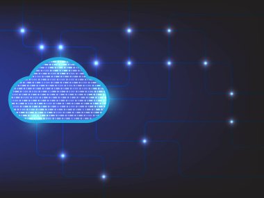 Karanlık arka planda parlak çizgiler ve dijital bulut şekilli gelecekçi bulut hesaplama kavramı. IT, veri depolama ve teknoloji temaları için mükemmel.