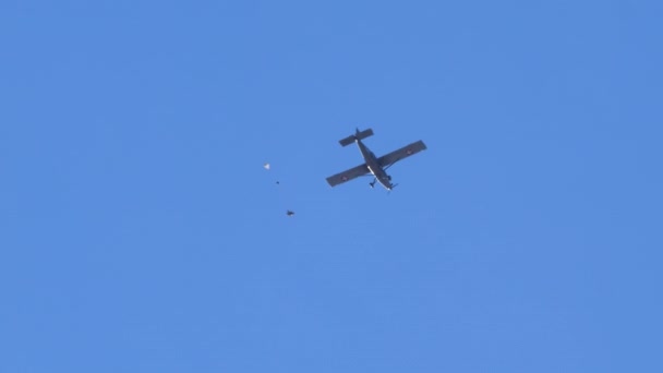 軍用輸送機は アルプスの上のサイドドアから特殊部隊 パラシュートを起動します ピラタスPc Axalp山の火災範囲でスイス空軍のターボポーター — ストック動画