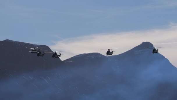 Στρατιωτικό Ελικόπτερο Πτήση Μεγάλη Ταχύτητα Μια Στενή Κοιλάδα Του Βουνού — Αρχείο Βίντεο