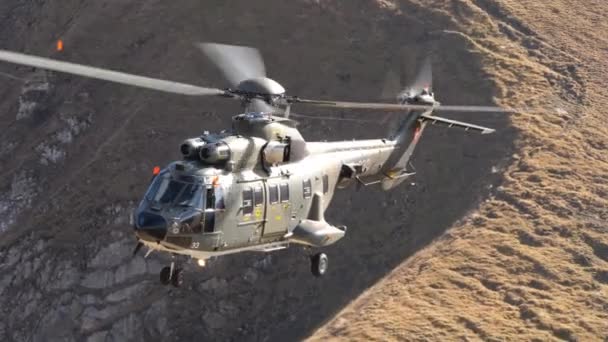 Military Helicopter Flight High Speed Narrow Mountain Valley Pulls Release — Stock Video
