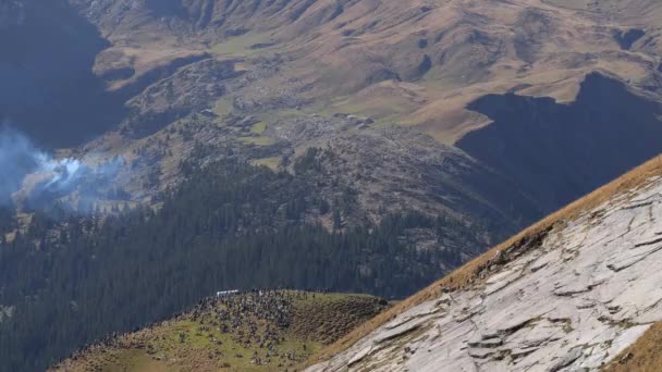 Wielu Ludzi Idzie Szwajcarskie Szczyty Aby Zobaczyć Wojskowe Myśliwce Strzelające — Wideo stockowe