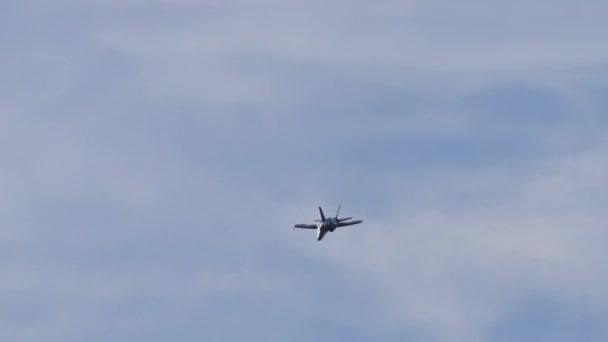 战斗机高速低空飞越青山谷地 麦克唐纳道格拉斯F 18大黄蜂 瑞士空军 有特殊颜色的虎尾 贝内塞Axalp射击场航空展 — 图库视频影像