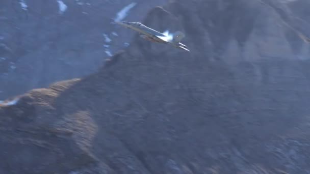 喷气式战斗机飞入狭窄的山谷 发射照明弹以欺骗红外导引导弹 瑞士空军的波音F 18大黄蜂 贝内塞Axalp射击场航空展 — 图库视频影像