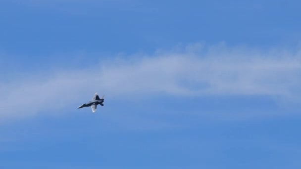 緑の高山の谷の床の上を飛行中の孤立した軍用超音速機の劇的なシルエット マクドネル ダグラスF 18スイス空軍のホーネット Axalp Airshowスイス10月19 2022 — ストック動画