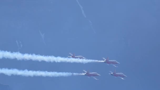 緑の高山の谷で低高度を飛行する4つの高速戦闘機を持つ空力チーム スイス空軍のノースロップF 5タイガーIiパトロイユスイス Axalp空気ディスプレイスイス — ストック動画