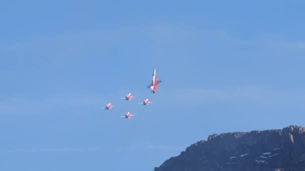 青い空を飛行中のスイスの国旗の赤い白い色の戦闘機 スイス空軍パトロイユスイスのノースロップF 5EタイガーIi Axalp空気ディスプレイスイス — ストック動画