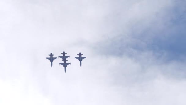 在狭窄的山谷里 高速喷气式飞机在冒着浓烟 闪烁着明亮的闪光 执行着枪管滚滚飞行任务 Northrop Tiger Swiss Air Force Patrouille — 图库视频影像