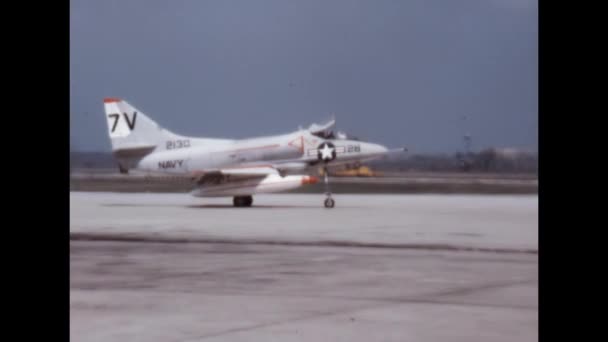 Navy Light Fighter Aircraft Taxies Parking Military Airport Digitized Historical — Stock Video