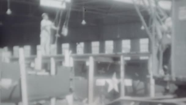 Mechanics Assemble Fighter Planes Delivered Americans Soviets World War Hangar — стоковое видео