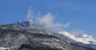 Snowy mountain top with a white cloud moving in with blue sky in the background and snow-covered trees on the slopes