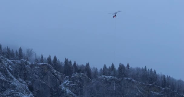 Helicóptero Con Rotores Entrelazados Sincroptero Volando Sobre Una Nublada Mañana — Vídeo de stock