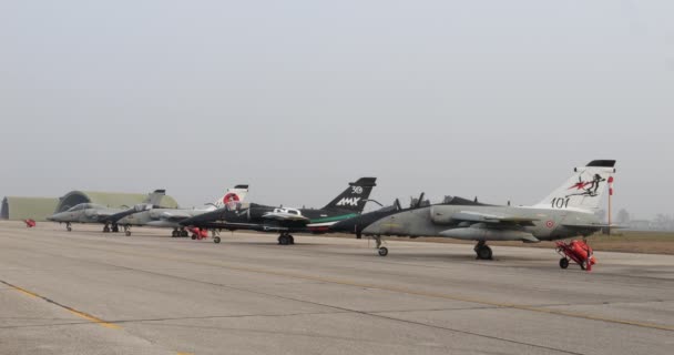 4機の近代的な軍用地上攻撃機が列に並んで駐車し お祝いのデザインで描かれています コピースペース付きの静的ワイドショット イタリア空軍のAmxジブリ — ストック動画