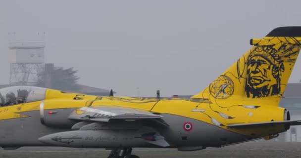 戦闘機の黄色の尾の上に黒で描かれた羽を持つネイティブアメリカ人男性のシルエット 霧深い灰色の日に課税イタリア空軍のAmxジブリ 横方向のビューとコピースペース — ストック動画