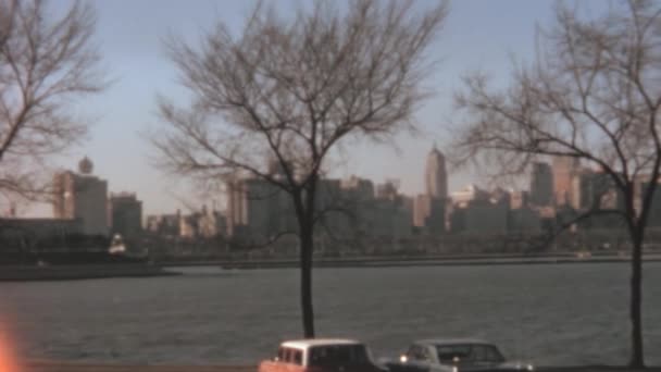 Widok Rzeki Przez Rząd Drzew Przeciwko Wieżowcom Madison Street Chicago — Wideo stockowe