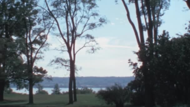 1970年代にマウントバーノンのジョージ ワシントン ハウスのガーデン パークからポトマック川 8Mmリールとしてのヴィンテージビデオ効果 緑の木の晴れた日 — ストック動画