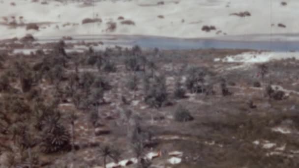 マスパロマス砂丘空中ビュー サハラ砂漠の砂のグラン カナリア有名なビーチ 1950年代のカナリア諸島の歴史的映像 暑い晴れた日の乾燥した風景のワイドショット — ストック動画