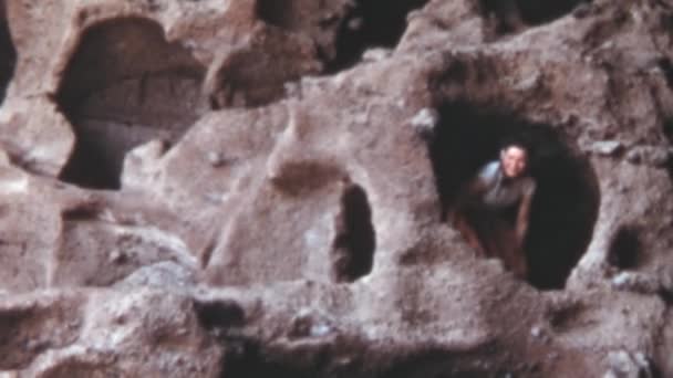 Woman Comes Out Cave Carved Rock Caves Valeron Archaeological Site — Vídeo de Stock