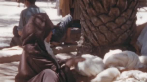 木の下の道端市場で服を売っている地元の女性 モロッコの小さな地域の眺めエルジャディダ1950 — ストック動画