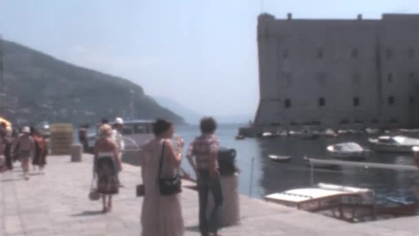 Touristen Besuchen Den Hafen Von Dubrovnik Mit Angedockten Booten Und — Stockvideo