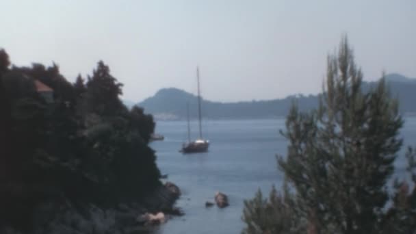 アドリア海の輝く海を横断するヨットは 1970年にクロアチアのドゥブロヴニクの素晴らしい海岸美を示しています ズームイン — ストック動画