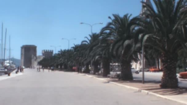 Riva Promenada Split海滨著名公路 风景如画的道路延伸到远方 指引着通往古老中世纪的特罗吉尔要塞的道路 铺在小径上的是优美的棕榈树 — 图库视频影像